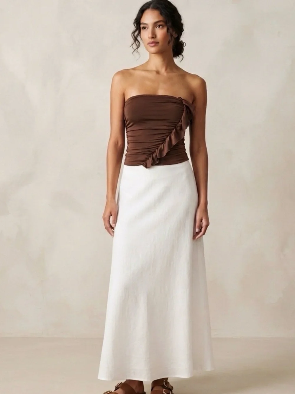Gaze Brown Ruffle Strapless Top